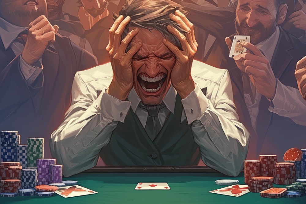 Tense man losing at casino with people making fun of him